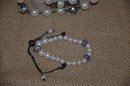 (#42) Costume Pearl & Black Rhinestone Beaded Necklace Chain 3 Strand 14' With Matching Bracelet
