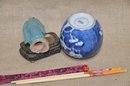 (#46) Mud Man Figurine With Wood Base ~ Trinket Blue And White Bud Vase ~ Chinese Chop Sticks Fabric Cover