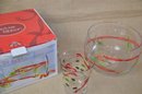 (#83) Block Basic Festive Ribbon Hand-painted Glass Bowl 9x6 In Box ~ Vase 4.5x6