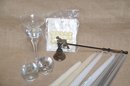 (#67) Assortment Of Candle Sticks ~ Glass Candle Stick Holders ~ Brass Frog Candle Snuffer