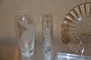 (#83) Crystal Vase 9' ~ Glass Serving Platter 11' ~ Glass Tray 9' ~ Rose Bud Vase 8'