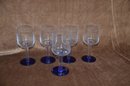 (#39) Set Of 5 Blue Stem Base Drinking Glasses 7'H
