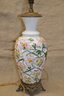 (#1) Ceramic Table Lamp Pink And Green Flower Design Brass Footed Base