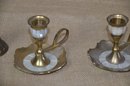 (#136) Brass With Mother Of Pearl Detail Candlestick Holders ~ Etched Brass Bell