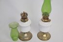 (#78) Pair Of White Milk Hobnail Oil Lanterns Green Glass 10'H