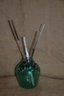 (#15) Hand Blown Green Glass Vase Confetti Detail With Decorative Glass Sticks