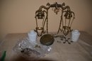 326) Antique Brass And Cast Iron Ceiling Light Fixture 2 Glass Shades