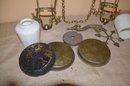 326) Antique Brass And Cast Iron Ceiling Light Fixture 2 Glass Shades