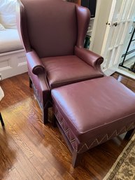 Custom Leather Wing Chair Nail Head Trim With Foot Stool