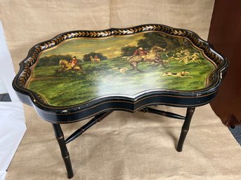 (#4) English Regency Style Hand-Painted Scalloped Wood Edge Hunting Tray With Foldable Stand Base