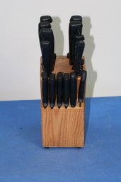 (#358) Missed/match Stainless Knife Set With Plastic Resin Handles & Wooded Storage Block