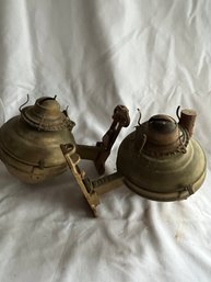 (#92) Vintage Pair Of Brass Metal Wall Mount Hurricane Oil Lamps