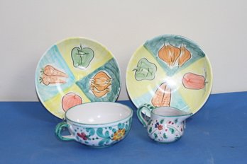 (#342)  4 Pieces Ceramic Bowls &  Hand-painted  From Italy  Cup & Pitcher - See Description