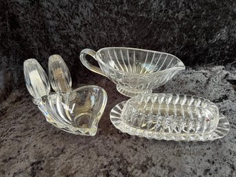 (#146) Crystal Glass Covered Butter Dish ~ Salt And Pepper Shaker 4' ~ Gravy Boat ~ Heart Shape Candy Dish 5'