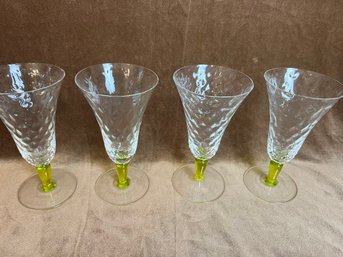 #(22) Large Stem Wine / Water Glasses (4) Tinted Green Stem  ( 1 Glass Slight Chip )