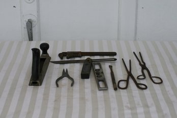 (219) Antique Tools: Plane, Small Level, Wrench, Thongs & More : Check Photo's