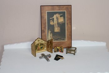 (#210) Religious Items: Italian Florentina Plaque,  Trinket Etched Glass Box, Assorted Crosses
