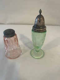 (#10) Vintage Depression Pink 3' And Green 5' Salt Shakers