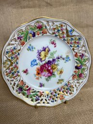 (#21) Vintage SCHUMANN Dresden Style Chateau Pattern Floral Gold Reticulated Plate 7'