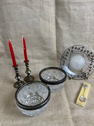 (#139) Glass Dip Candy Bowls And Plate Silver Plate Trim ~ Trinket Candlestick Holder ~ Souvenir Spoon