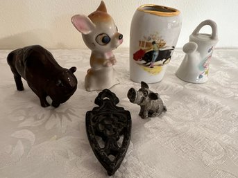 (#21) Assorted Miniature Trinkets ( Vase, Pewter Pig, Metal Bull , Porcelain Water Can )