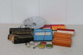 (#27)  Vintage Nieco Camera Plash/ Vintage Filters, Projection Lamps/bulbs & Assortment Of Vintage Slides