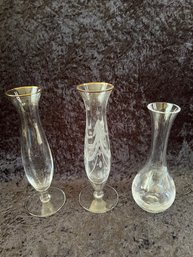 (#142) Glass Rose Stem Etched 9' Vases Lot Of 3