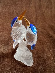 (#184) Swarovski Crystal Pair Of MALACHITE KINGFISHER BIRDS Frost Branch Figurine 4'H