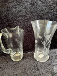 (#148) Large Glass Floral Etched 10' Vase ~ Glass Floral Etched 8' Pitcher