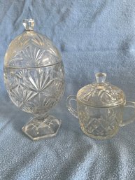 (#64) Vintage Cover Glass Candy Dish And Glass Covered Sugar Bowl
