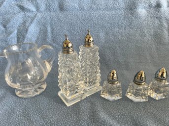 (#65) Crystal Glass Creamer Pitcher ~ Cut Glass Salt & Pepper Shakers ~ Set Of 3 Place Setting Salt Shakers