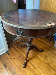 Vintage Mahogany Pedestal Leather Top Table One Drawer - Needs TLC