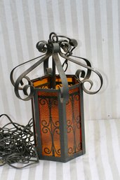 (357) Vintage Wrought Iron Spanish Style Hanging Lamp /  Art Deco & Long Chain