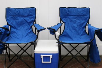 (#5) Pair Of Folding Camping/sporting Arm Chairs  With Storage Covers &  48 Qt Coleman Cooler