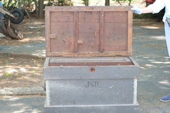 (202)  Antique Wooden Tool Chest With Casters W/internal Wood Trays /saw Compartments  Top Of Chest Is Broken