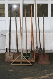 (249 Old Wooden Handled Garden Tools: Shovels, Racks, Tiller, Push Room, Roof Snow Rack