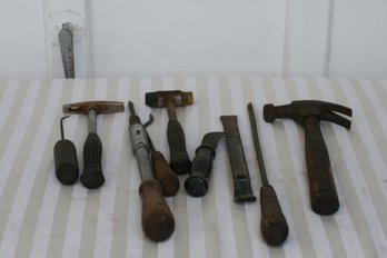 (216) Assortment Of 9 Antique Tools:  Hammers, Flat Heads Screw Drivers And Picks