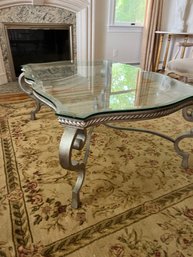 Silver Gold Iron Base Glass Top Coffee Table (matching End Table & Entrance Table On Auction)