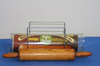(#338)  VTg. Pyrex Bake A Round Glass Bread Baking Tube And Chrome Holder With Instruction And Rolling Pin