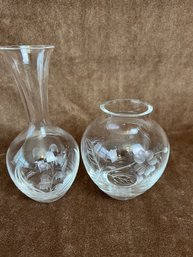 #15) Lot Of 2 Lenox Glass Bud Vases 7'H And 5'H Etched Flower Design