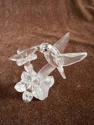 (#187) Swarovski Crystal HUMMING BIRD With Flower On Frosted Perch Figurine 3'H