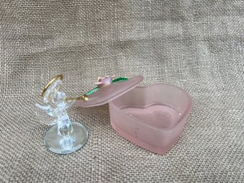(#53) Trinket Ring Box Pink Heart Shape And Glass Angel Figurine