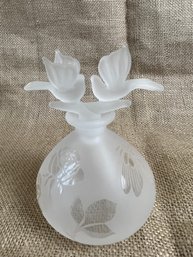 (#130) Frosted Etched Floral Glass Perfume Bottle Bird Stopper 5'H
