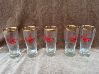 (#201) Carlsberg Beer Glasses Gold Rim ( 5 Of Them )