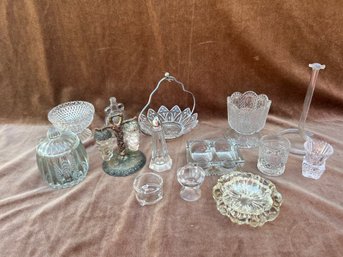 (#187) Lot Of Assorted Vintage Glass ( Salt & Pepper ~ Trays ~ Bud Vases )