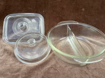 (#200) Vintage Fire King Divider Serving 8.5' Bowl ~ 2 Glass Lids 6' Round And 7.5' Rectangle