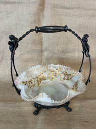 (#1) Antique Reed & Barton M.F.D. Silver Plate Cherub Basket Glass Ruffled Edge Bowl White Gold Detail