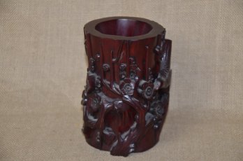 (#11) Asian Boxwood Wood Hand Craved Bloom Flower Bird Design Brush Pot Pencil Vase