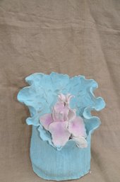 (#25) Pottery Handmade Teal Vase Pink Flower