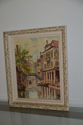 (#24) Wood Framed Painting Of Venice Italy Gondola In Canal 16x19